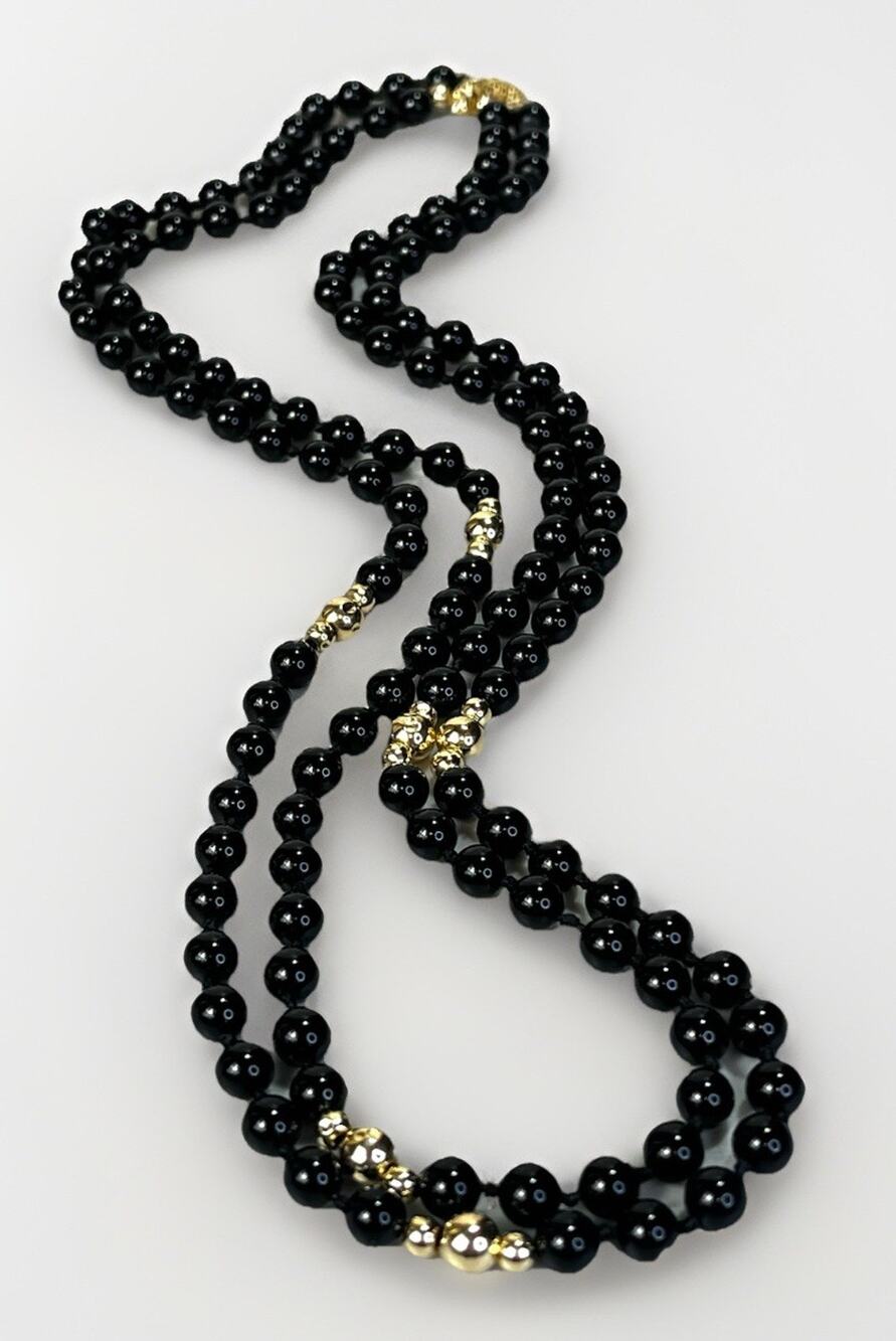 Vintage 14k Yellow Gold Bead and Black Onyx Necklace 47" Long Strand 6mm - 43.2g